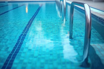 Obraz premium tranquil blue swimming pool with stainless steel ladder, tiled lanes and gentle water reflections, inviting and refreshing