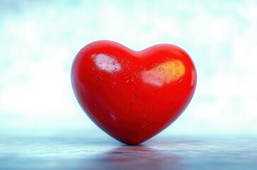 Fototapeta premium single worn glossy red heart on reflective surface with soft blue bokeh background, evoking warmth, tenderness, and quiet resilience