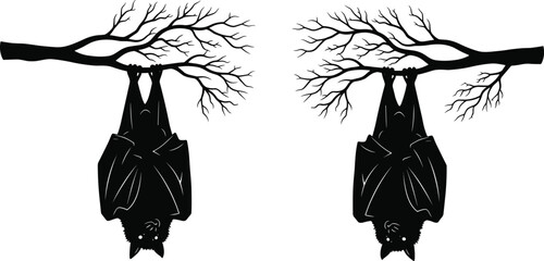 Set of black bat silhouettes hanging upside down from tree branches isolated on white background, spooky animal icons for Halloween design © Niheranjan