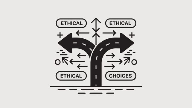 A black and white illustration of a road fork with multiple arrows and the words 'ethical' and 'choices' around it.