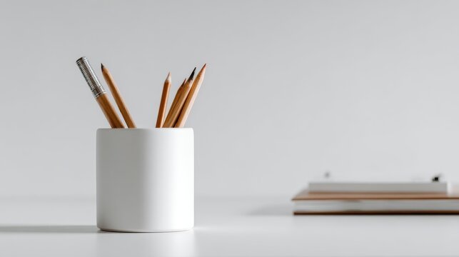 White pencil holder with stationery on white background for school, classroom, and office organization concept