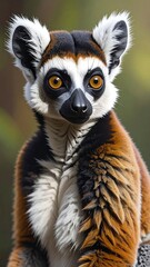 Fototapeta premium A close-up portrait of a ring-tailed lemur, showcasing its distinct black and white striped tail and curious eyes. Bokeh background