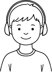 Obraz premium Hand Drawn Boy Wearing Headphones Black and White Avatar Illustration in Minimal Line Art Style Design