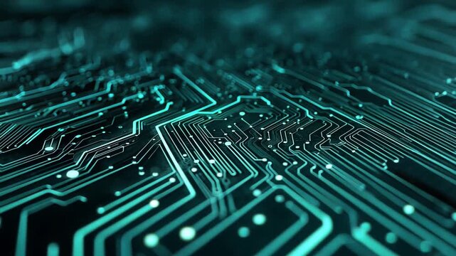 Close-Up View of Abstract Circuit Board with Blue Glowing Lines