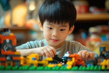 Naklejka premium A child concentrates on building with colorful lego bricks on a green base plate at a table.
