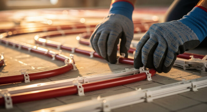 Construction worker installing underfloor heating system on concrete floor