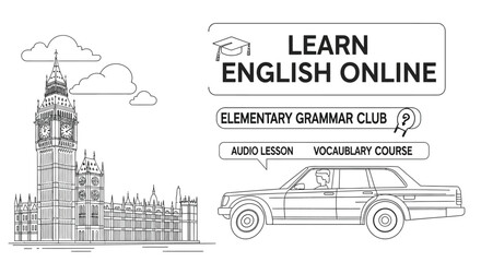 Naklejka premium Learn english online with iconic london imagery and course details