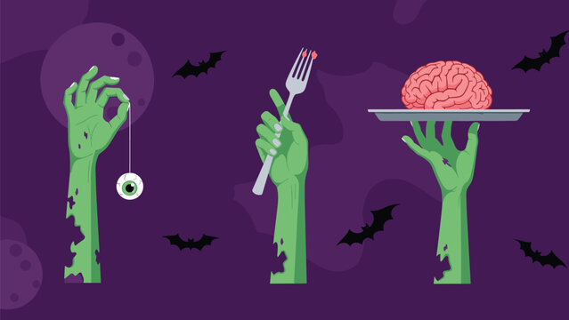 Spooky green zombie hands holding an eyeball a fork and a brain on a silver platter for a macabre Halloween dinner theme.