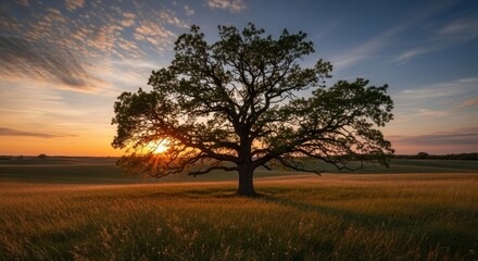 Fototapeta premium Solitary Tree Silhouetted Against a Vibrant Sunset Sky.