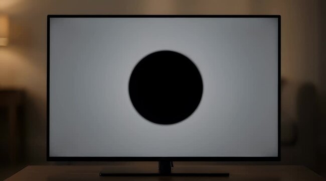 Modern smart TV with black circle on screen, flat screen television in dark living room, digital display mockup for media content