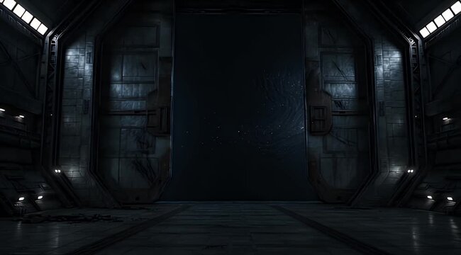 Spacious dark futuristic industrial interior with open doors to a mysterious deep space void