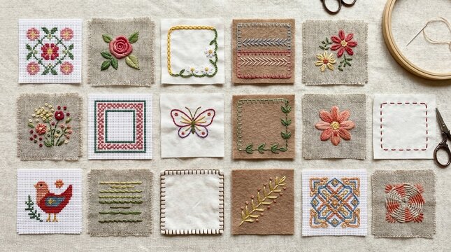 Embroidery sampler flat lay with small fabric swatches showing different hand embroidery and cross stitch patterns