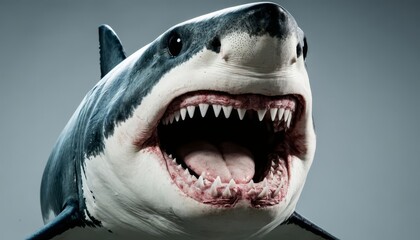 The great white shark has its mouth wide open, displaying sharp teeth. This shark is a powerful predator, seen in a neutral background.