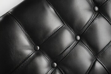 Fototapeta premium close-up of black tufted leather upholstery with round buttons, stitched seams and glossy sheen, elegant luxurious sleek mood