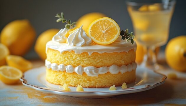 bright lemon layer cake with whipped cream, lemon slice and thyme garnish on a decorative plate, surrounded by fresh lemons and a glass of lemon drink, inviting and cheerful