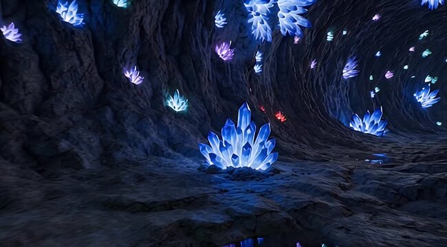 Deep, shadowy cave adorned with countless sparkling, iridescent crystals in vibrant hues