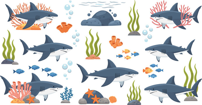 Cute shark cartoon vector set with coral reef, tropical fish, bubbles, sea plants and underwater elements, playful marine life illustration collection for ocean themed design projects