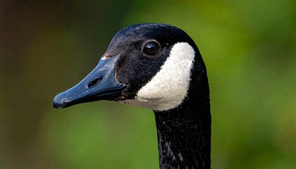 Obraz premium Close-up of a Canada goose head. Black head, white cheek patch, and sleek dark beak. Detailed eye. Green and blurry background