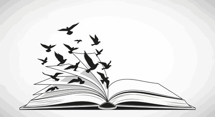 An artistic illustration of an open book with birds taking flight from its pages, symbolizing the profound freedom of knowledge, the liberation of imagination, and the power of ideas
