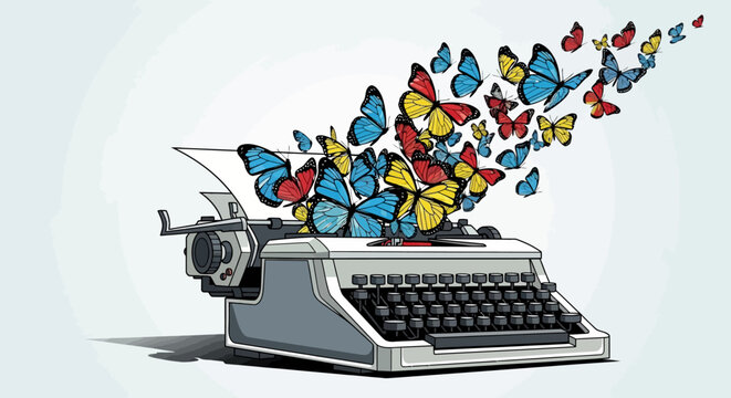 Colorful butterflies emerge from a vintage typewriter, a powerful symbol of creative freedom, blossoming ideas, and the transformative journey of imagination through writing