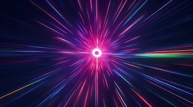 Futuristic hyperspace jump with glowing light streaks, cosmic warp speed tunnel in neon pink and blue, abstract interstellar travel background