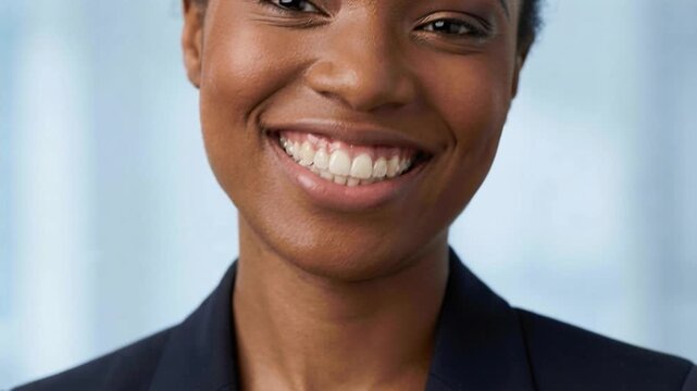 A dark-skinned woman with aligners in a jacket smiles widely, showing off her snow-white teeth against a soft blue background.