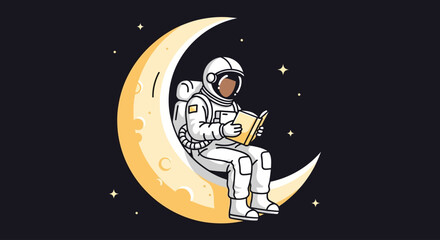 An astronaut reads a book on a crescent moon surrounded by stars. This peaceful moment promotes knowledge, imagination, and quiet cosmic discovery © Simon