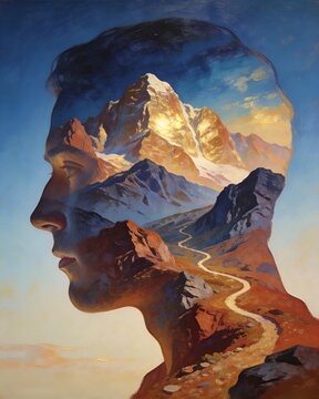 human mind landscape with mountains and glowing path symbol of self discovery growth and inner journey