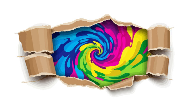 Abstract colorful paint splash inside torn paper with a spiral pattern and vibrant colors on a white background