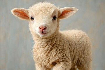 Obraz premium gentle curious curly-wool lamb with prominent ears in soft neutral background portrait
