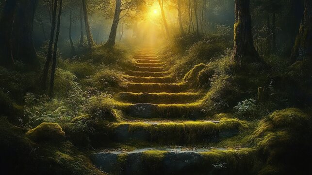 moss-covered stone steps ascending through a misty woodland, flanked by trees and lush undergrowth, bathed in golden sunlight and sunbeams, evoking a serene mystical mood