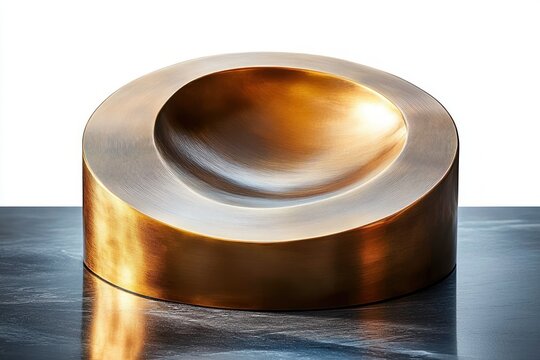 polished bronze circular sculpture with a concave bowl on a reflective dark surface, warm elegant and tranquil minimalist composition