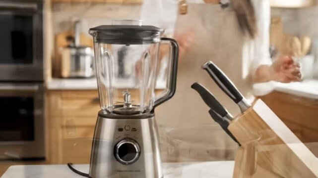 Professional young Asian woman live streaming cooking utensils and home appliances in a stylish kitchen studio smartphone fixed on tripod recording her as she demonstrates frying pans opens pot lids s