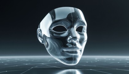 a transparent mask that appears in a digital setting. This mask reflects the theme of technology and artificial identities.