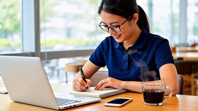 Asian Businesswoman Working at Cafe Table with Laptop and Notebook Writing Notes Drinking Coffee Modern Office Environment Professional Woman in Blue Polo Shirt Remote Work Study