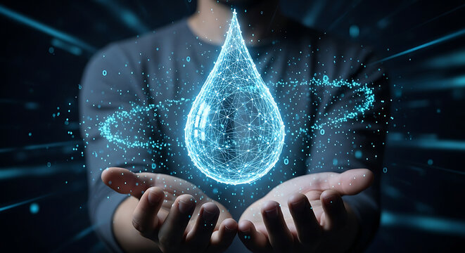 Close up of hands holding a glowing digital water droplet with abstract blue light particles swirling around it, representing technology and conservation