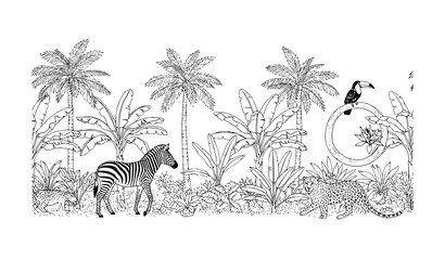 Tropical jungle mural seamless border with vintage botanical plants and exotic animals vector © Meerazul
