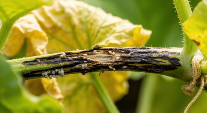 Squash Vine Borer Damage on a Zucchini Plant Stem.