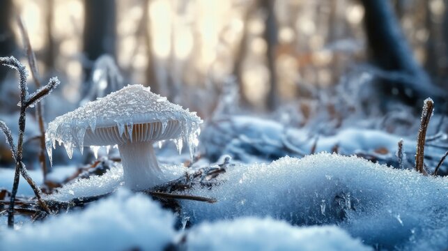 Frost-covered mushroom with icy cap and gills amid snow, twigs and leaf litter in a blurred sunlit forest at dawn, glistening ice crystals and a quiet serene cold mood