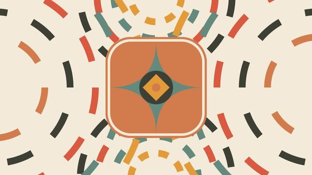 Vibrant animated loop featuring mid-century modern aesthetic, showcasing abstract square elements with compass motifs sliding rhythmically over a