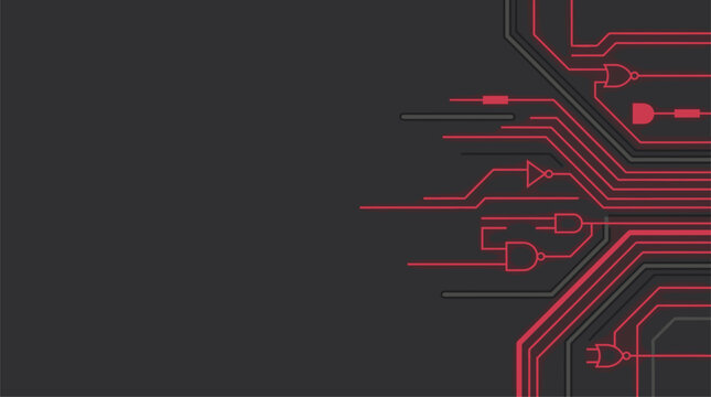 Abstract red electronic circuit board logic gates on dark background vector illustration