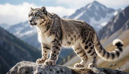 Fototapeta premium A snow leopard stands on a rocky outcrop, surveying its mountainous habitat. The snow leopard's fur is thick, blending with the natural scenery of peaks and valleys.
