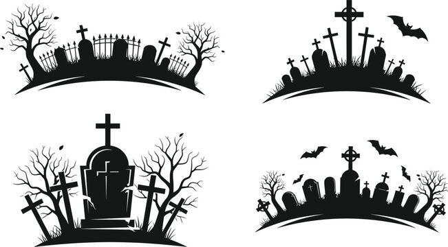 Set of spooky cemetery silhouettes with tombstones, creepy dead trees, bats, and crosses isolated on white background for Halloween vector design (20 words)