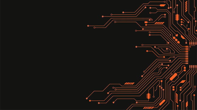 Futuristic orange circuit board pattern on black background high tech vector illustration
