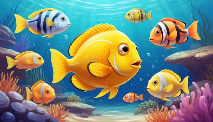 Fototapeta premium A group of colorful fish swims in a vibrant underwater scene. The yellow fish and orange fish interact among various coral and bubbles in the clear water.