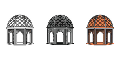 Three architectural domed structures with arches and ornate details © TaherStock