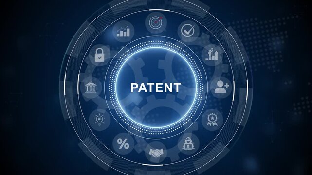 Business interacting with a digital hologram interface for patent and intellectual property protection. 3d Motion graphics of technology icon interface background