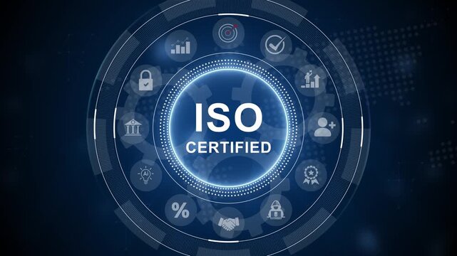 ISO certified quality management concept with glowing text on industrial metal gears. 3d Motion graphics of technology icon interface background