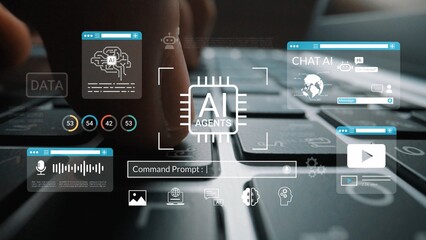 Image of a hand interacting with a futuristic keyboard featuring AI agents and technology...