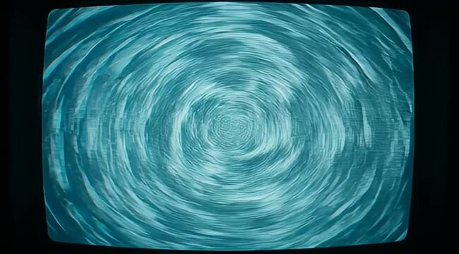 Retro television displaying a hypnotic swirling turquoise vortex like tunnel illusion